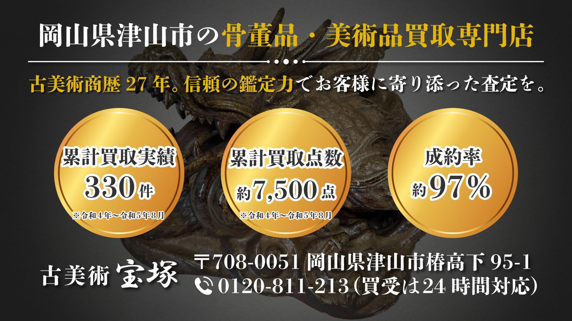 骨董品・美術品買取専門店 古美術商暦27年。信頼の鑑定力でお客様に寄り添った査定を。お客様の大切なお品物を一点一点、誠心誠意査定いたします。令和4年から令和5年8月までの買受実績‼330件（約7500点）。成約率約97％。古美術 宝塚 〒708-0051 岡山県津山市椿高下95-1。0120-811-213（買受は24時間対応）